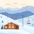 Ski resort with red chair lift, house, chalet, winter mountain evening and morning landscape, snow.