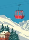 Ski resort with red gondola lift, chalet, winter mountain landscape, snowy slopes. Alps travel retro poster, vintage.