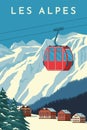 Ski resort with red gondola lift, mountain chalet, winter snowy landscape. Alps travel retro poster, vintage banner. Flat vector. Royalty Free Stock Photo