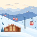 Ski resort with red ski cabin lift on cableway, house, chalet, winter mountain evening and morning landscape, snowy peaks. Royalty Free Stock Photo