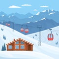 Ski resort with red ski cabin lift on cableway, house, chalet, winter mountain landscape, snowy peaks and slopes. Royalty Free Stock Photo