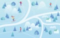 Ski Resort with Skiers. Mountain skiing map style background winter resort with people. Vector gradient color vector