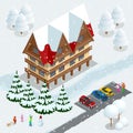 Ski resort, slope, people on the ski lift, skiers on the piste among white snow pine trees and hotel. Winter holiday web