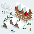 Ski resort, slope, people on the ski lift, skiers on the piste among white snow pine trees and hotel. Winter holiday web