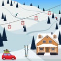 Ski resort snow mountain landscape, skiers on slopes, ski lifts, a house, a car with the ski equipment pulls up to the resort. Vec