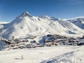 Ski resort of Tignes in winter, ski slope and village of Tignes le lac