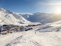 Ski resort of Tignes in winter, ski slope and village of Tignes le lac