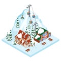 Ski resort vacation gondola way. Winter outdoor holiday activity sport in alps, landscape with mountain view and forest