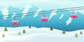 Ski resort vacation. Winter snowy landscape with ski resort, lift, cable car, green spruces and mountains. Winter