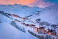 Ski resort in the valley at sunrise, Les Menuires, France Royalty Free Stock Photo