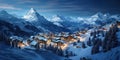 Ski resort village in winter at night, mountain landscape on Christmas Royalty Free Stock Photo