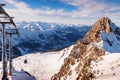 Ski resort in winter Alps mountains, France. View of gondola lift and ski slopes. Meribel, France Royalty Free Stock Photo