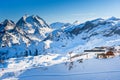 Ski resort in winter Alps mountains, France. View of ski slopes and ski lift. Meribel, France Royalty Free Stock Photo