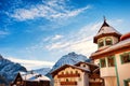 Ski resort in winter Dolomite Alps. Canazei, Val Di Fassa, Italy Royalty Free Stock Photo