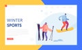 Ski Resort Winter Holidays Landing Page Template. Active People Characters Skiing and Snowboarding in Mountains Website Royalty Free Stock Photo