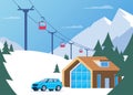 Ski resort. Winter mountain landscape with lodge, ski lift and car in front. Winter sports vacation banner. Vector illustration Royalty Free Stock Photo