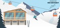 Ski resort. Winter mountain landscape with lodge, ski lift, skier, racing down the slope. Winter sports vacation banner. Vector il Royalty Free Stock Photo