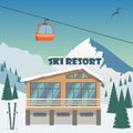 Ski resort. Winter mountain landscape with lodge, ski lift. Winter sports vacation banner. Vector illustration. Royalty Free Stock Photo