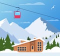 Ski resort. Winter mountain landscape with lodge, ski lift. Winter sports vacation banner. Vector illustration Royalty Free Stock Photo