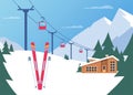 Ski resort. Winter mountain landscape with lodge, ski lift. Winter sports vacation banner. Vector illustration Royalty Free Stock Photo