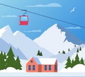 Ski resort. Winter mountain landscape with lodge, ski lift. Winter sports vacation banner. Vector illustration Royalty Free Stock Photo