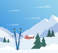 Ski resort. Winter mountain landscape with lodge, ski lift. Winter sports vacation banner. Vector illustration Royalty Free Stock Photo