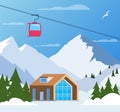 Ski resort. Winter mountain landscape with lodge, ski lift. Winter sports vacation banner. Vector illustration Royalty Free Stock Photo