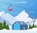 Ski resort. Winter mountain landscape with lodge, ski lift. Winter sports vacation banner. Vector illustration Royalty Free Stock Photo