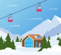 Ski resort. Winter mountain landscape with lodge, ski lift. Winter sports vacation banner. Vector illustration Royalty Free Stock Photo