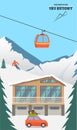 Ski resort. Winter mountain landscape with lodge, ski lift, skier, racing down the slope. Winter sports vacation banner. Vector il Royalty Free Stock Photo