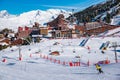 Ski resorts and fields in Les Arcs 2000 with Mont Blanc as background, Savoie, France, Europe