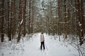 Ski road through the snowy pine forest. Tall pines on the branches of trees snow and ice. Girl