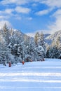 Ski run and Pirin mountains, Bansko, Bulgaria Royalty Free Stock Photo