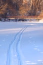 Ski run in the riverbed on a winter sunny day. The background is blurry. Soft focus