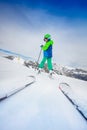 Ski school instructor view of boy on the slope Royalty Free Stock Photo