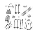 Ski set hand drawn in scandinavian style. skis, sticks, hat, scarf, sweater, snowflakes Royalty Free Stock Photo