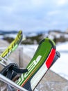 Ski set. Professional skiing with poles Winter sport outdoor activities extreme. Winter mountain landscape set ski Royalty Free Stock Photo