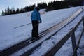 The ski slope for children. Carpet conveyor belt for skiers and snowboarders at resort in Szczyrk.Empty lift in winter season at Royalty Free Stock Photo