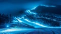 A ski slope at night illuminated by solarpowered lights lining the edges of the run. . AI generation