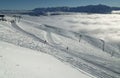 Ski slopes on the southern slope Aibga Ridge of Western Caucasus at Rosa Khutor Alpine Resort Royalty Free Stock Photo