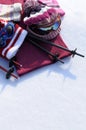 Ski and snow winter sports background with skiing equipment, white copy space, vertical Royalty Free Stock Photo