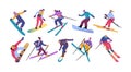 Ski snowboard people, skier characters. Fall snow on downhill, winter man and woman in outerwear skiing or snowboarding Royalty Free Stock Photo