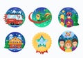 Ski or Snowboard Resort Icons Collection. Vector Circle Banners of Snowboarding Instructor, Mountains, Ski Bus, Alpine Royalty Free Stock Photo