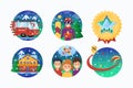 Ski or Snowboard Resort Icons Collection. Vector Circle Banners of Snowboarding Instructor, Ski Bus, Globe, Alpine Hotel Royalty Free Stock Photo