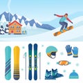 Ski and snowboarding set. Stylish descent boards and professional skiing with poles protective blue helmet special boots