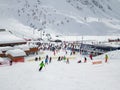 Ski station of Tignes in winter, departure of the ski lifts