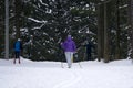 In ski suits on vacation. Young man girl . Girl walking on the trail.