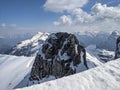 ski tour in the european mountains with fantastic views. Outdoor sport in winter. Winter landscape picture rock and snow