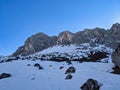 Ski tour to Partnunsee above Sant Antonien and below Schjenflue and Wiss Platte. Ski mountaineering in Graubunden. Lake Royalty Free Stock Photo