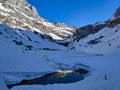 Ski tour to Partnunsee above Sant Antonien and below Schjenflue and Wiss Platte. Ski mountaineering in Graubunden. Lake Royalty Free Stock Photo